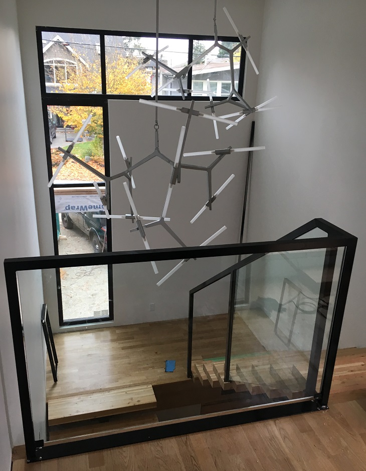 modern interior stair handrail, glass, topless, flat black, vancouver